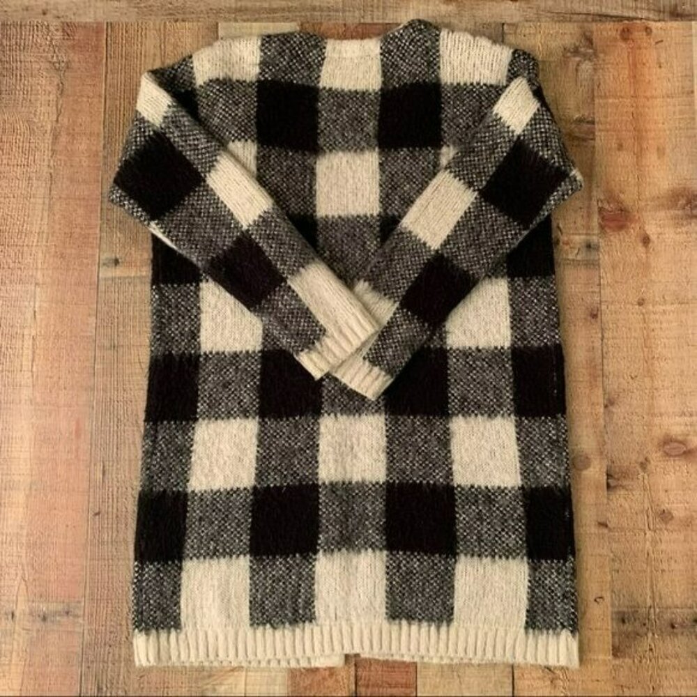 Michelle Nicole black white gray Buffalo plaid checkered long knit cardigan - M - Picture 6 of 6